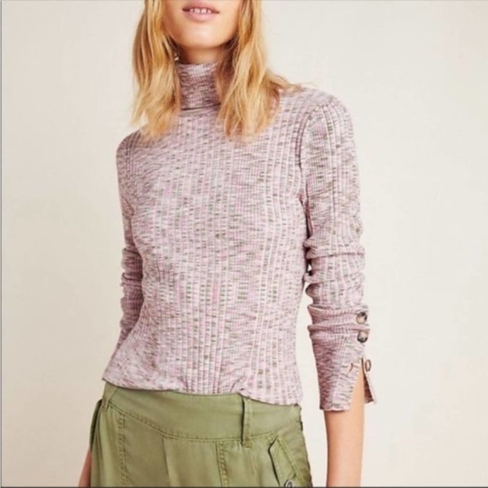 Anthropologie pink green turtleneck sweater with button sleeves